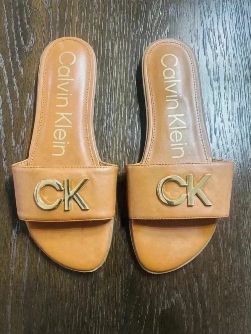 Calvin Klein Tan Leather Slide Mules with Gold CK Emblem
